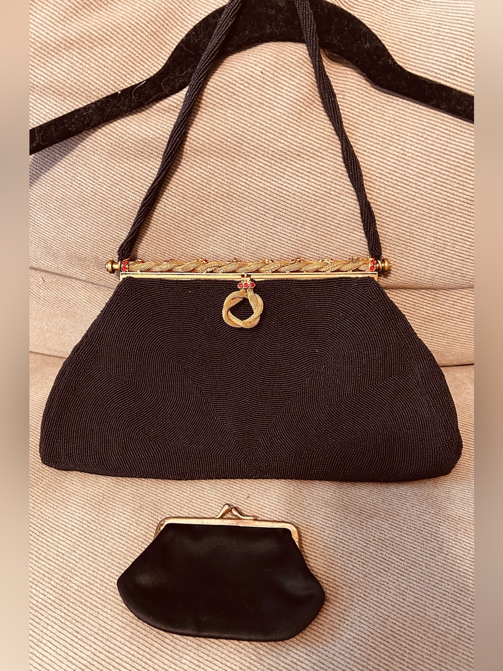 Vintage 50’s/60s Morabito Paris Black Handbag with Gold and Red Cabochon Accent